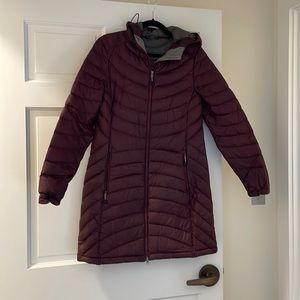 LL Bean women’s ultralight 850 down hooded coat, three quarter length.